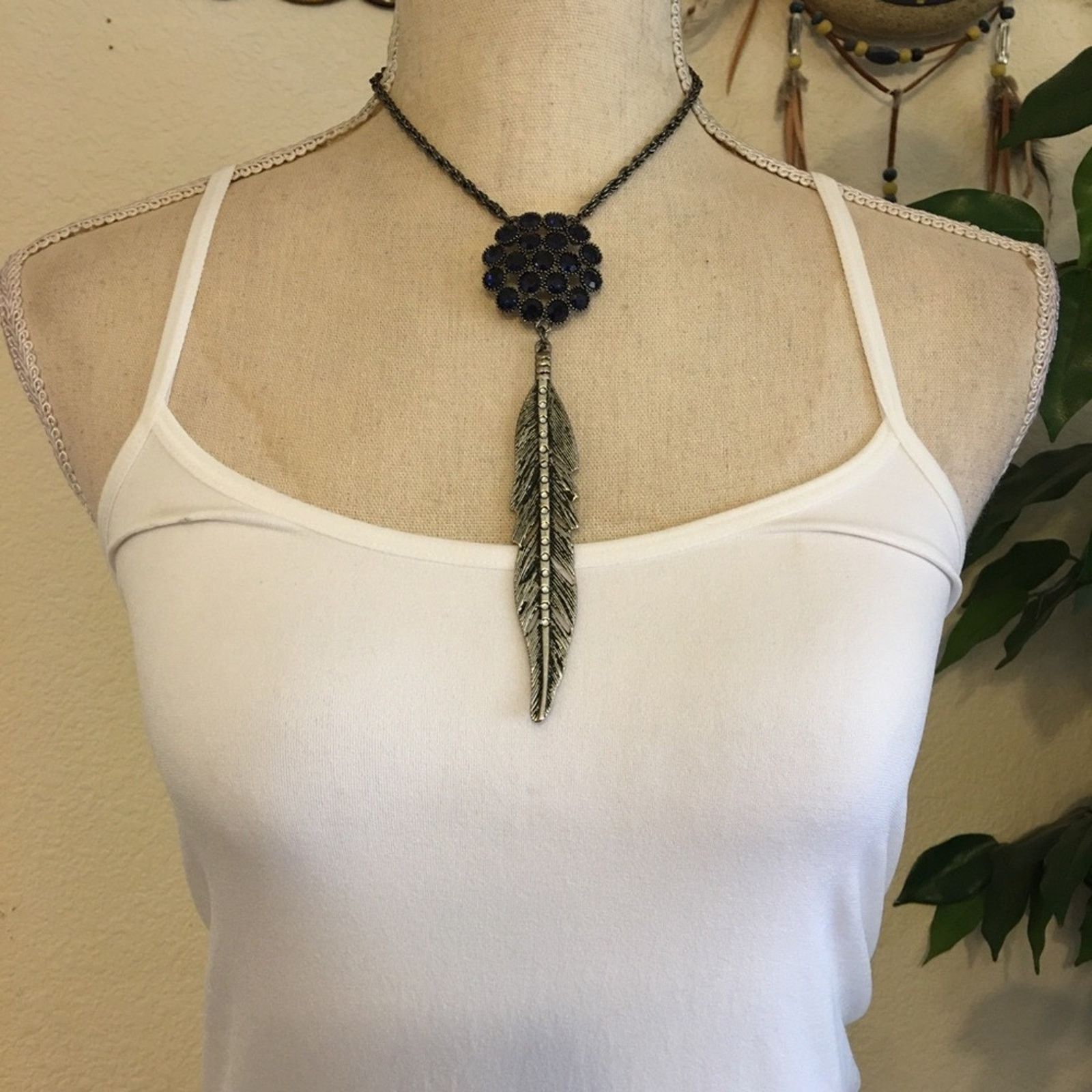 Handmade Repurposed blue stone medallion feather necklace Size ONE SIZE - 3 Thumbnail