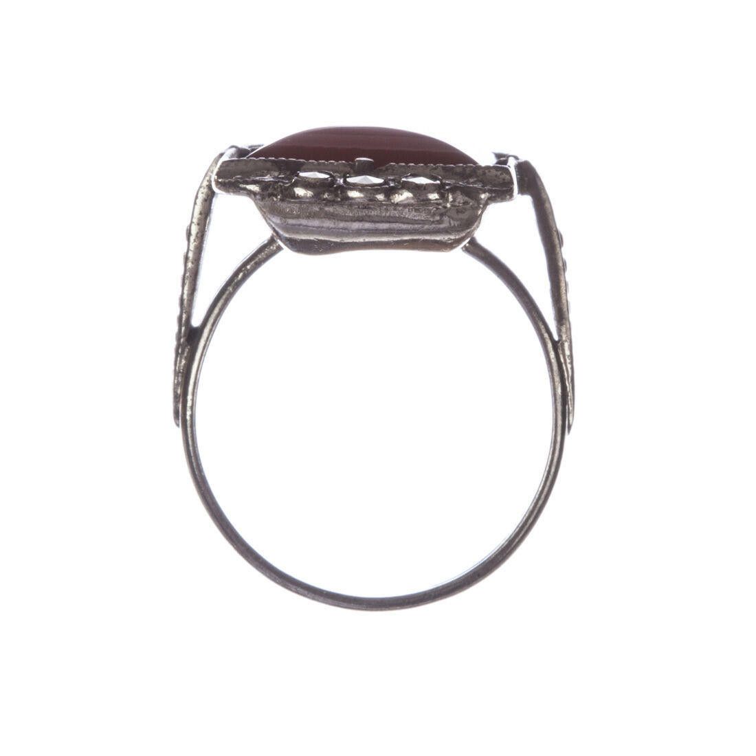 Designer Art Deco Sterling Silver Carnelian and Marcasite Ring Size ONE SIZE - 3 Thumbnail