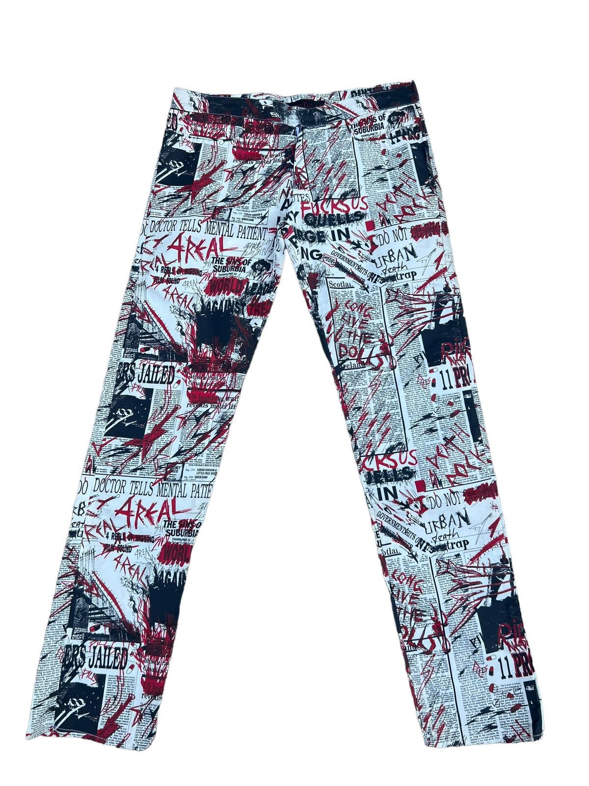 Vintage VTG 90s RED OR DEAD Psychotic Newspaper Waxed Trouser Pant Size US 29 - 1 Thumbnail