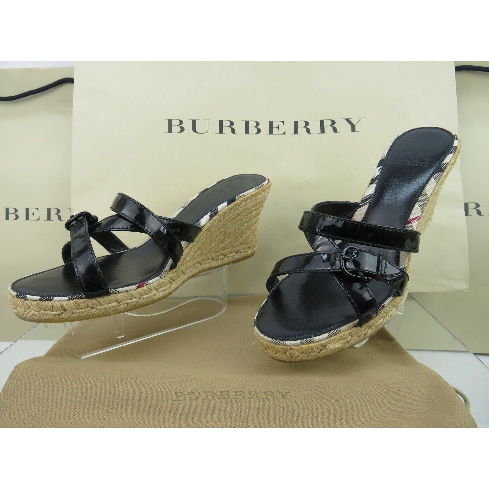 Burberry BURBERRY BLACK PATENT LEATHER CHECK ESPADRILLE SANDALS 40 Size US 10 / IT 40 - 9 Thumbnail