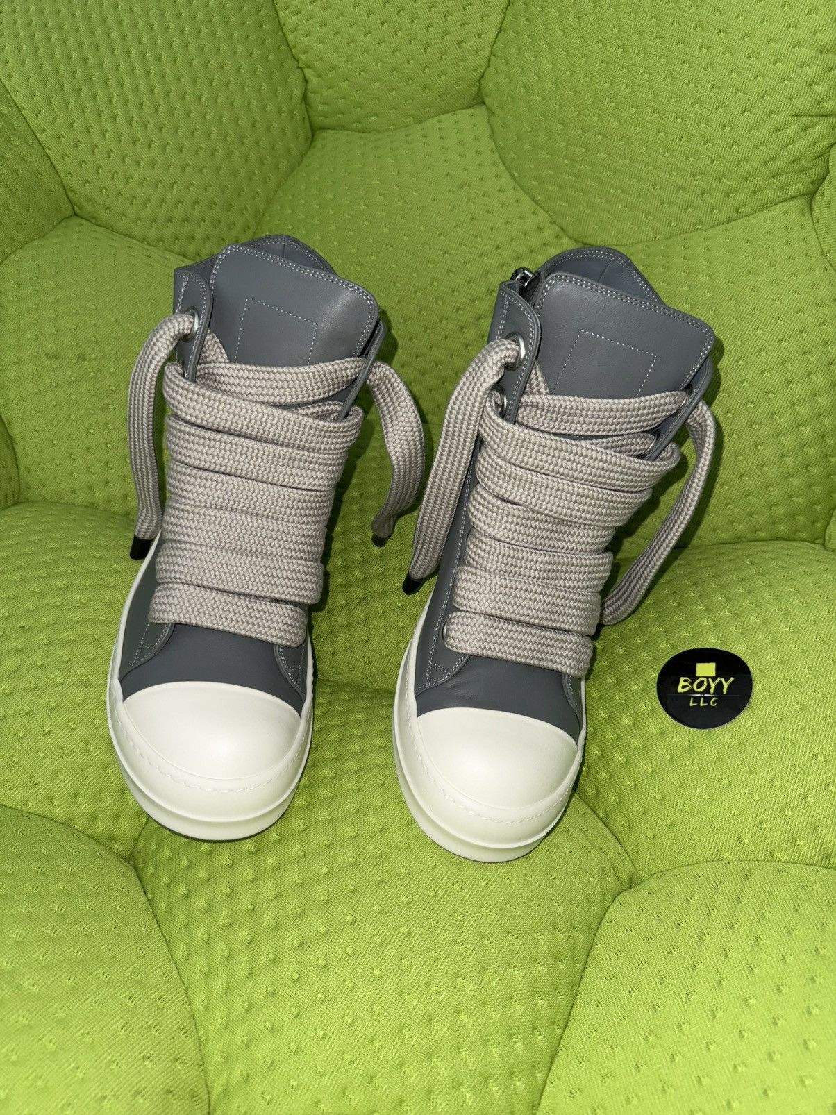 Rick Owens GREY Jumbo lace hi top leather sneakers Size US 10 / EU 43 - 2 Thumbnail