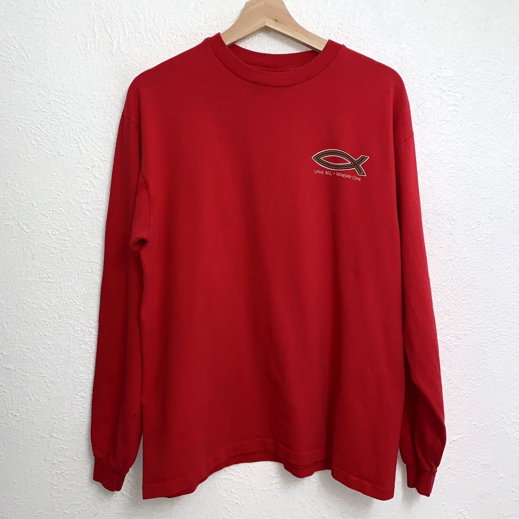 Vintage VINTAGE Red Bar Anvil Tee Distressed Jesus Ichthys Love All Worship One Long Sleeve T-Shirt Red Large Size US L / EU 52-54 / 3 - 2 Thumbnail