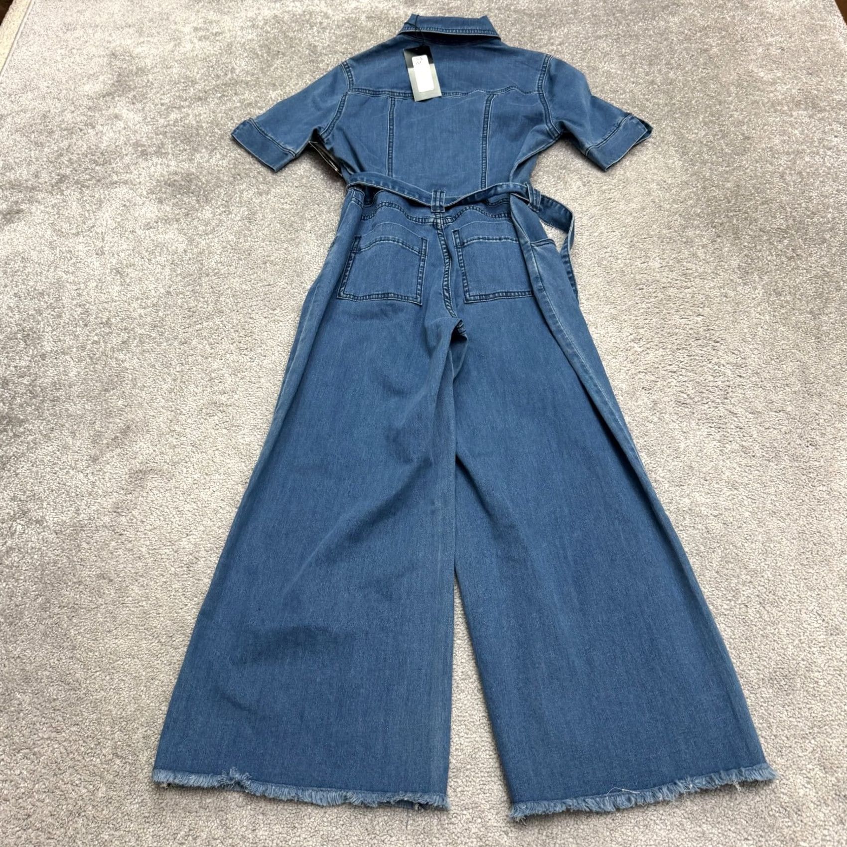 Vintage Gabrielle Union Jumpsuit Womens PXS Blue Denim Short Sleeve Zip Up Raw Hem NWT Size 26" / US 2 / IT 38 - 3 Thumbnail