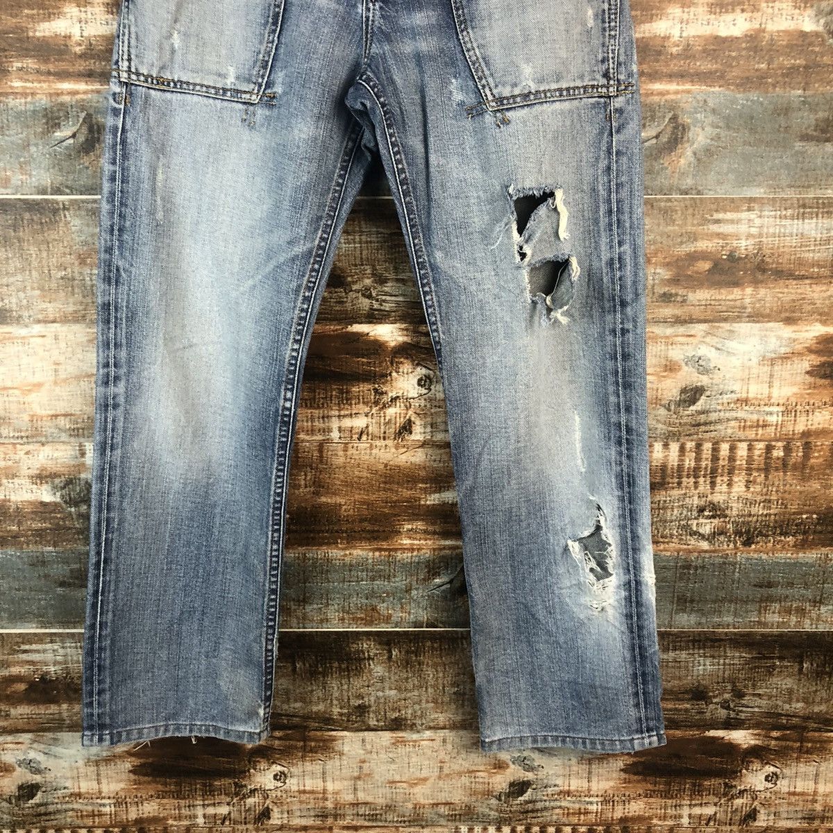 Japanese Brand Back Number Blue Distressed Denim Pants #A2098 Size US 30 / EU 46 - 6 Thumbnail