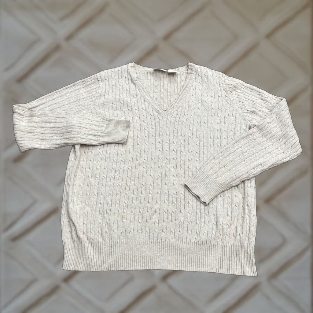 Vintage Kim Rogers Pullover Sweater Women's Large Beige Cable Knit V-Neck Casual Lightweight Size L / US 10 / IT 46 - 1 Thumbnail
