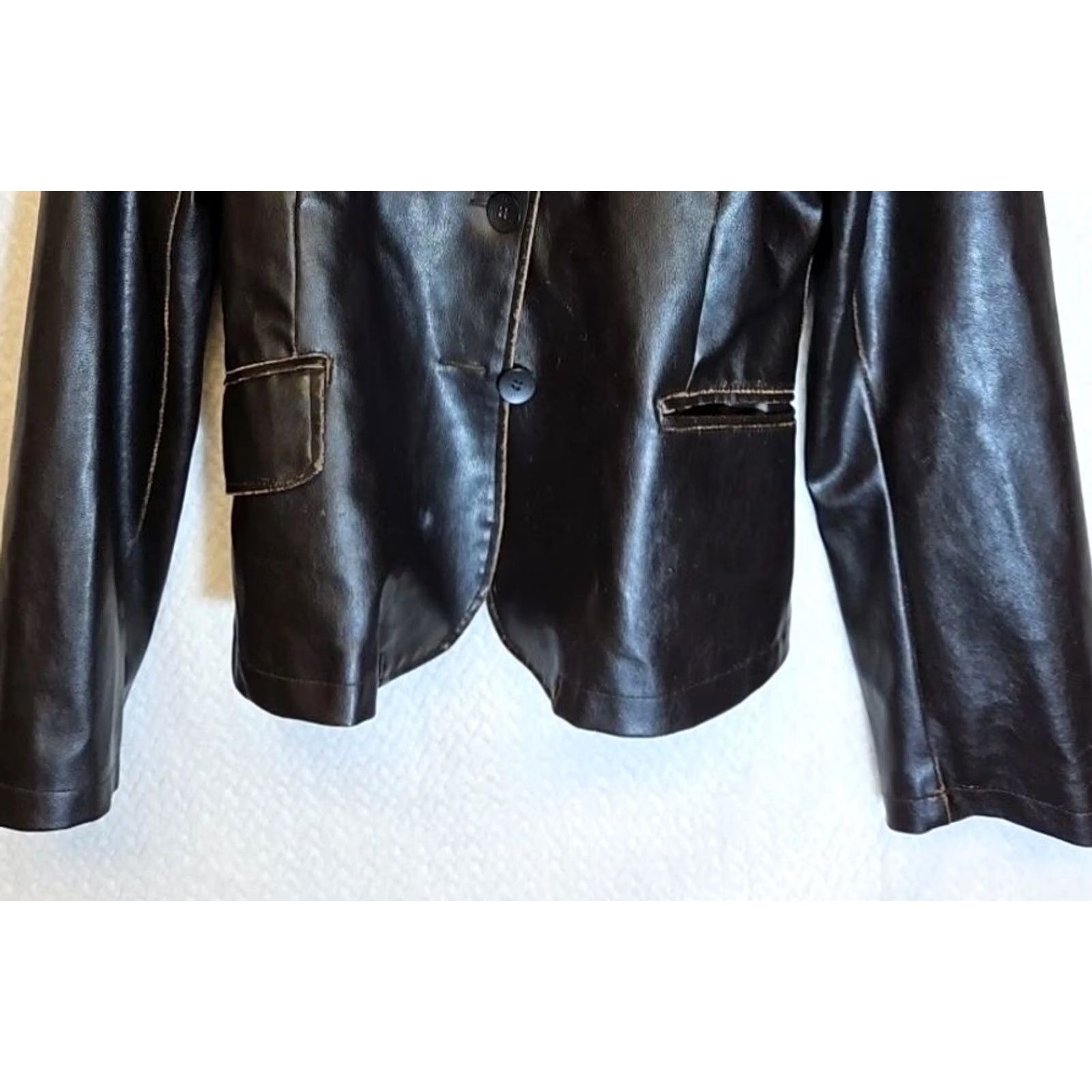 Vintage RVT Black Faux Leather Jacket Blazer Women Large Cropped Mid-Length Polyester Lining Solid Vegan Leather Basic Jacket Size L / US 10 / IT 46 - 3 Thumbnail