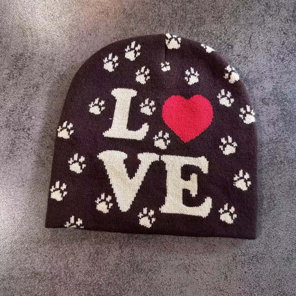 Japanese Brand Dog Paw Heart Knit Beanie - “LOVE" Graphic Hat Size ONE SIZE - 3 Thumbnail