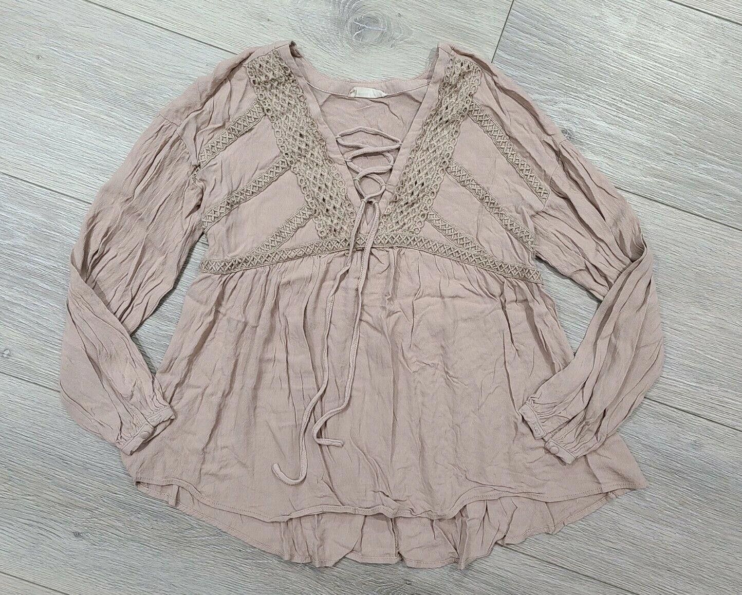 Designer Altar'd State Top Small Tan Long Sleeve V Neck Lace Up Size S / US 4 / IT 40 - 1 Thumbnail