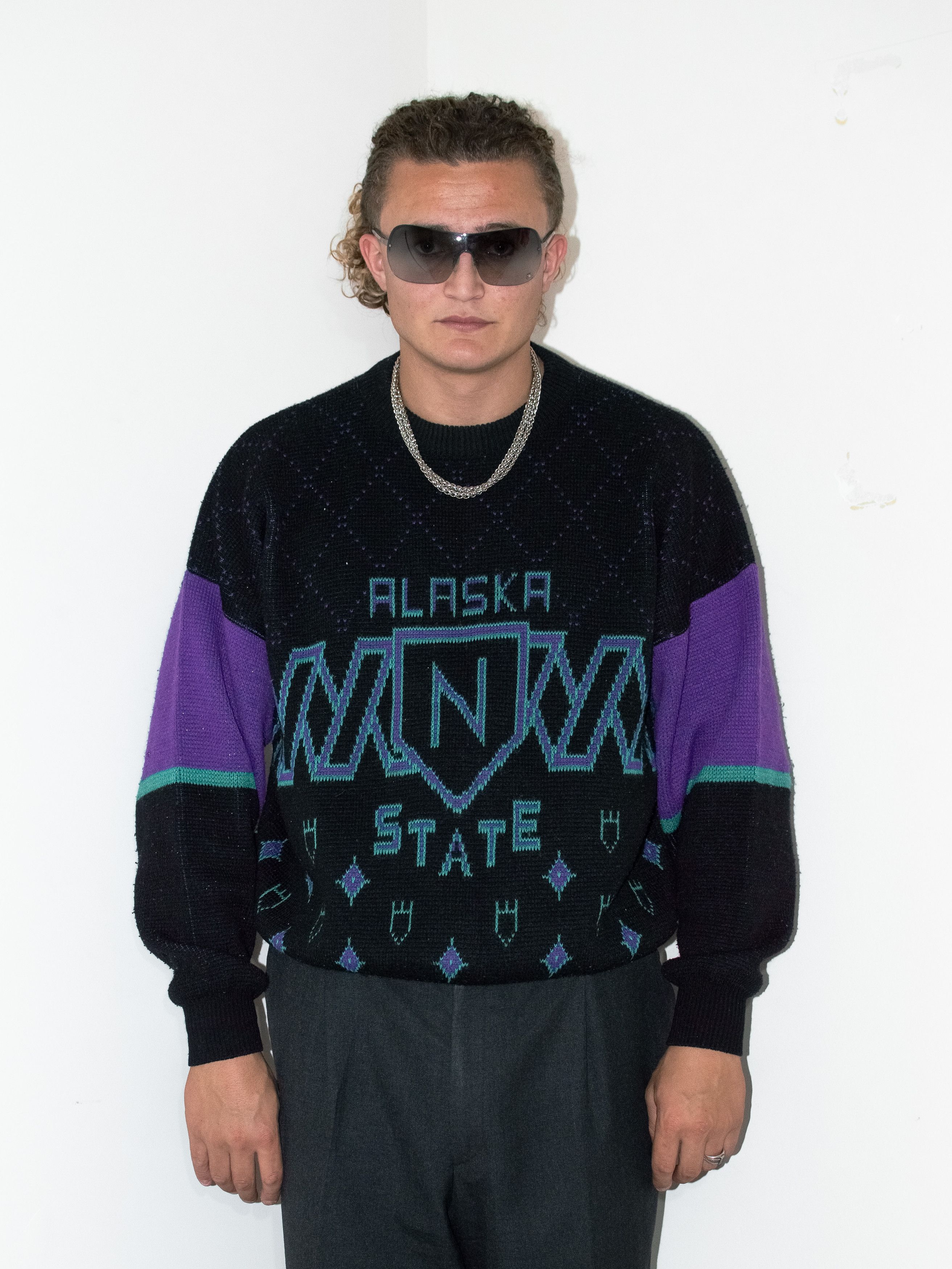 Designer × Vintage 90s Vintage Dark grey Chunky wool Graphic knit jumper Size US XL / EU 56 / 4 - 2 Thumbnail
