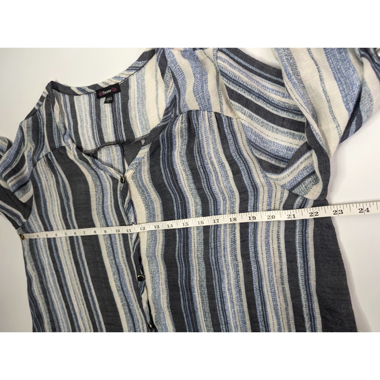 Vintage Cocomo Shirt Women L Beige Blue Striped Tie Waist Roll Tab Sleeve V-Neck Casual Workwear Size L / US 10 / IT 46 - 4 Thumbnail