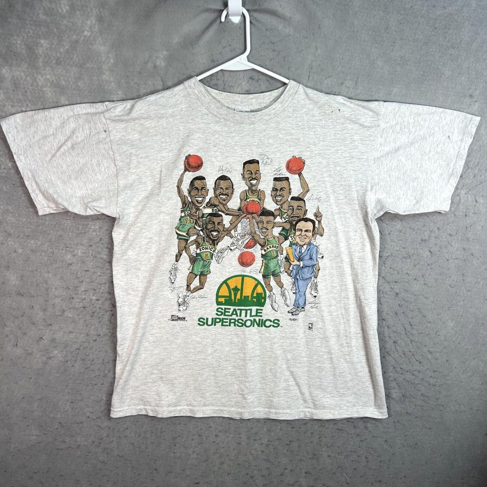 Image of Vintage 90's Salem Sportswear Seattle Supersonics T Shirt Adult XL Gray Usa Mens in White