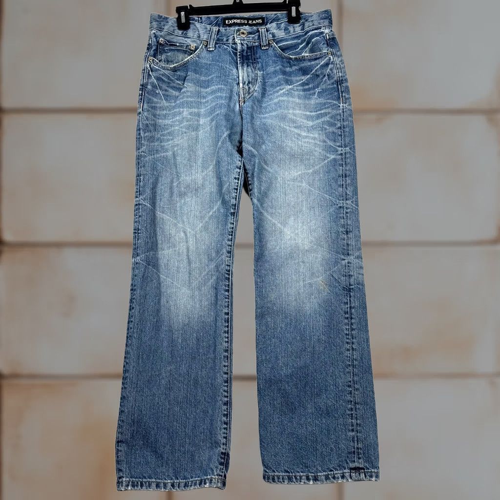 Express VINTAGE Y2K Express Boots Cut Jeans Mens 31x32 Blue Denim 5-Pocket Jeans Size US 31 - 1 Thumbnail