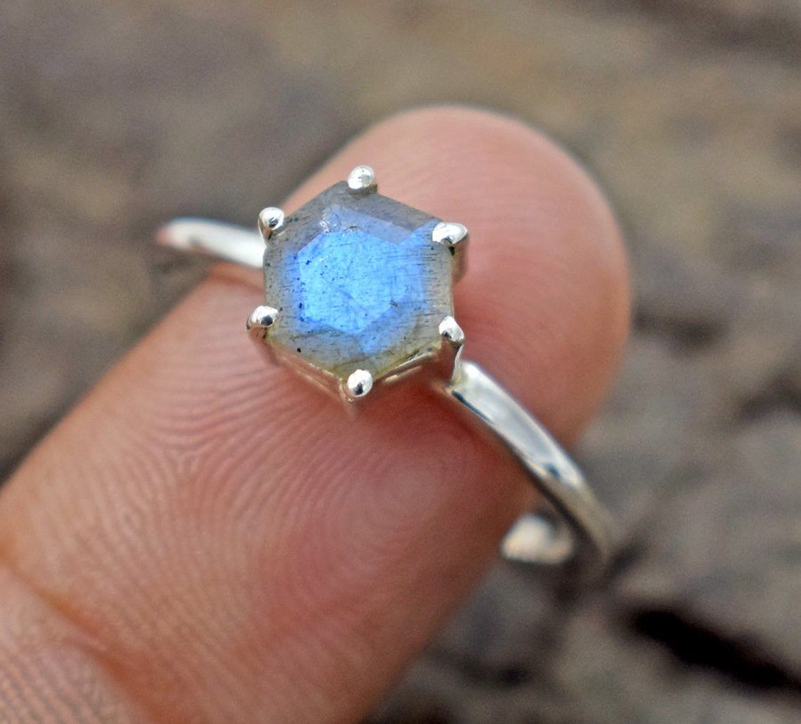 Handmade Blue Labradorite 925 Sterling Silver Ring: Boho Tiny Jewelry Size ONE SIZE - 1 Thumbnail