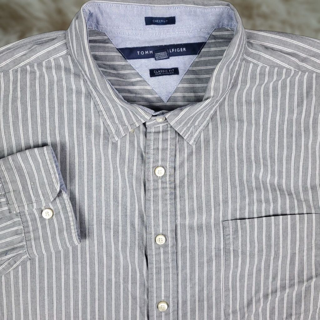 Tommy Hilfiger Tommy Hilfiger Shirt Adult 2XL Gray Striped Cotton Button-Up Pockets Mens Size US XXL / EU 58 / 5 - 1 Thumbnail