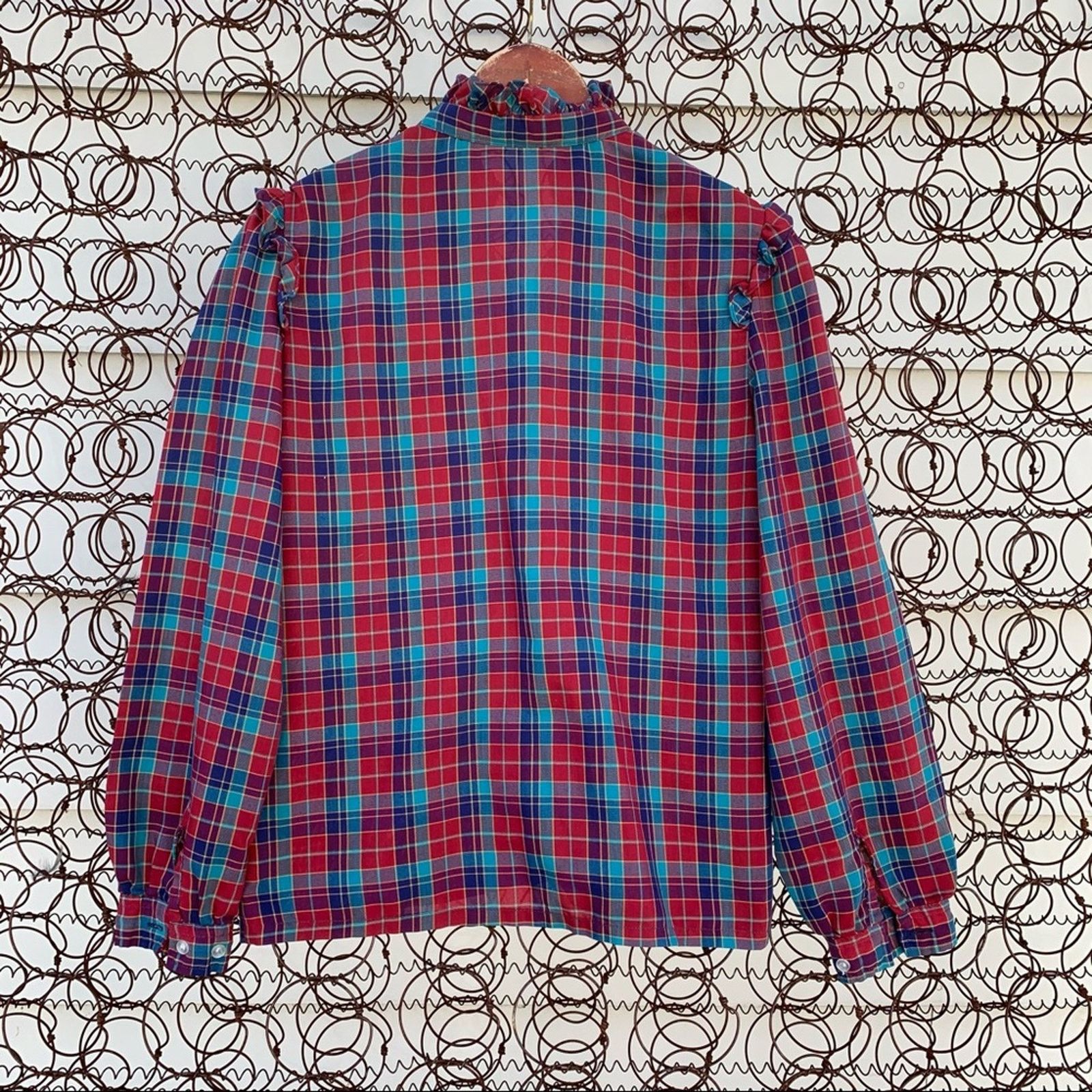 Sears Vintage 70s Sears red blue plaid ruffle blouse MEDIUM? Size M / US 6-8 / IT 42-44 - 6 Thumbnail