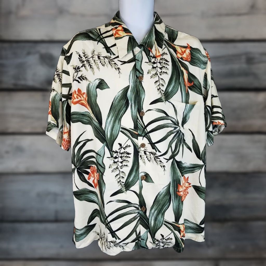Vintage Coconut Shell Mens Hawaiian Shirt XL Ivory Floral Leaf Print Rayon Button-Up Short Sleeve Collared Navy Hawaiian Theme Mens Size US XL / EU 56 / 4 - 1 Thumbnail