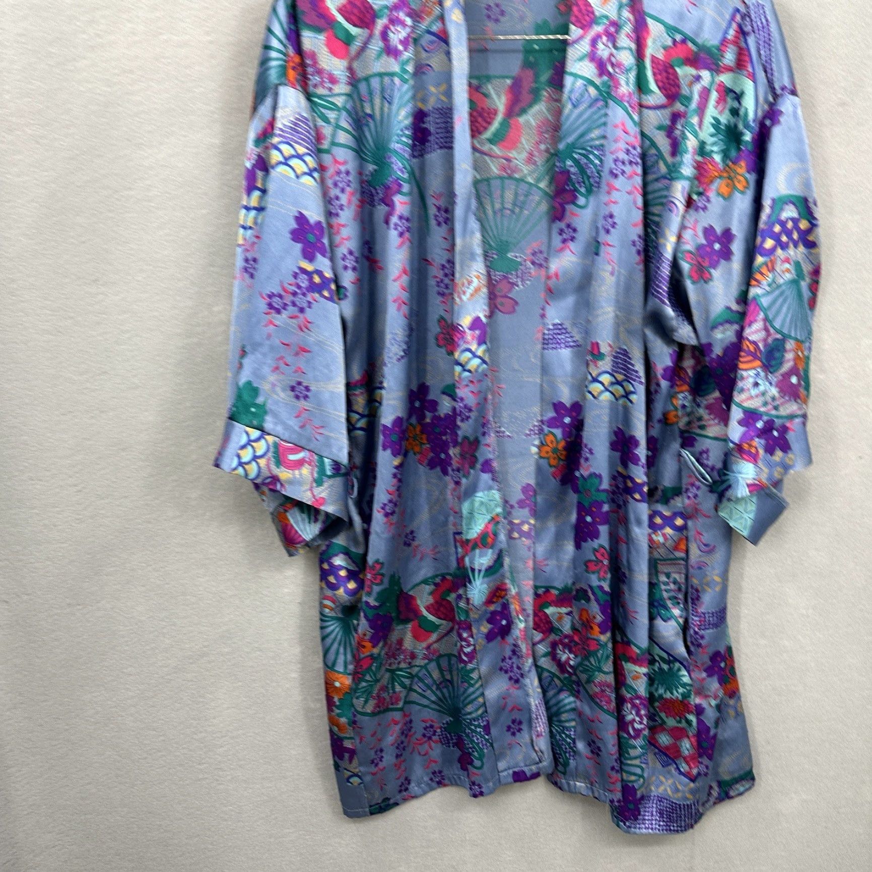 Vintage VINTAGE Fredericks Of Hollywood Robe Womens One Size Blue Satin Kimono Boho Floral y2k READ Size ONE SIZE - 4 Thumbnail