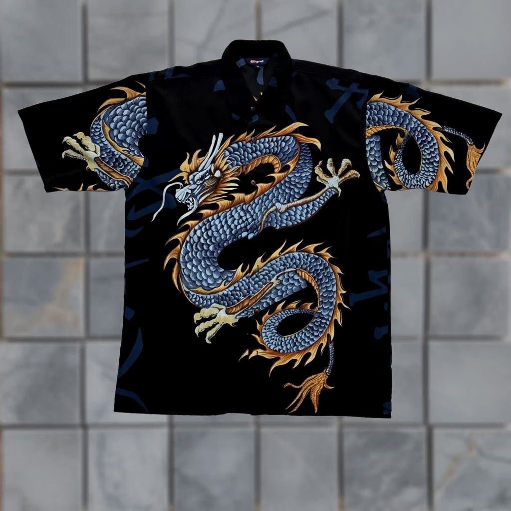 Vintage Bignd Shirt Mens Medium Black Dragon Graphic Print Rayon Button Up Tribal Flames Shirt Size US M / EU 48-50 / 2 - 1 Thumbnail