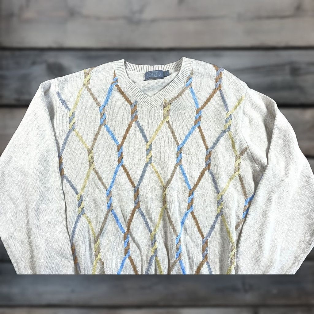 Talbots VINTAGE Talbots Pima Cotton Geometric Pattern V-Neck Sweater Adult Large Beige Mens Pullover Knit Regular Fit Size US L / EU 52-54 / 3 - 1 Thumbnail