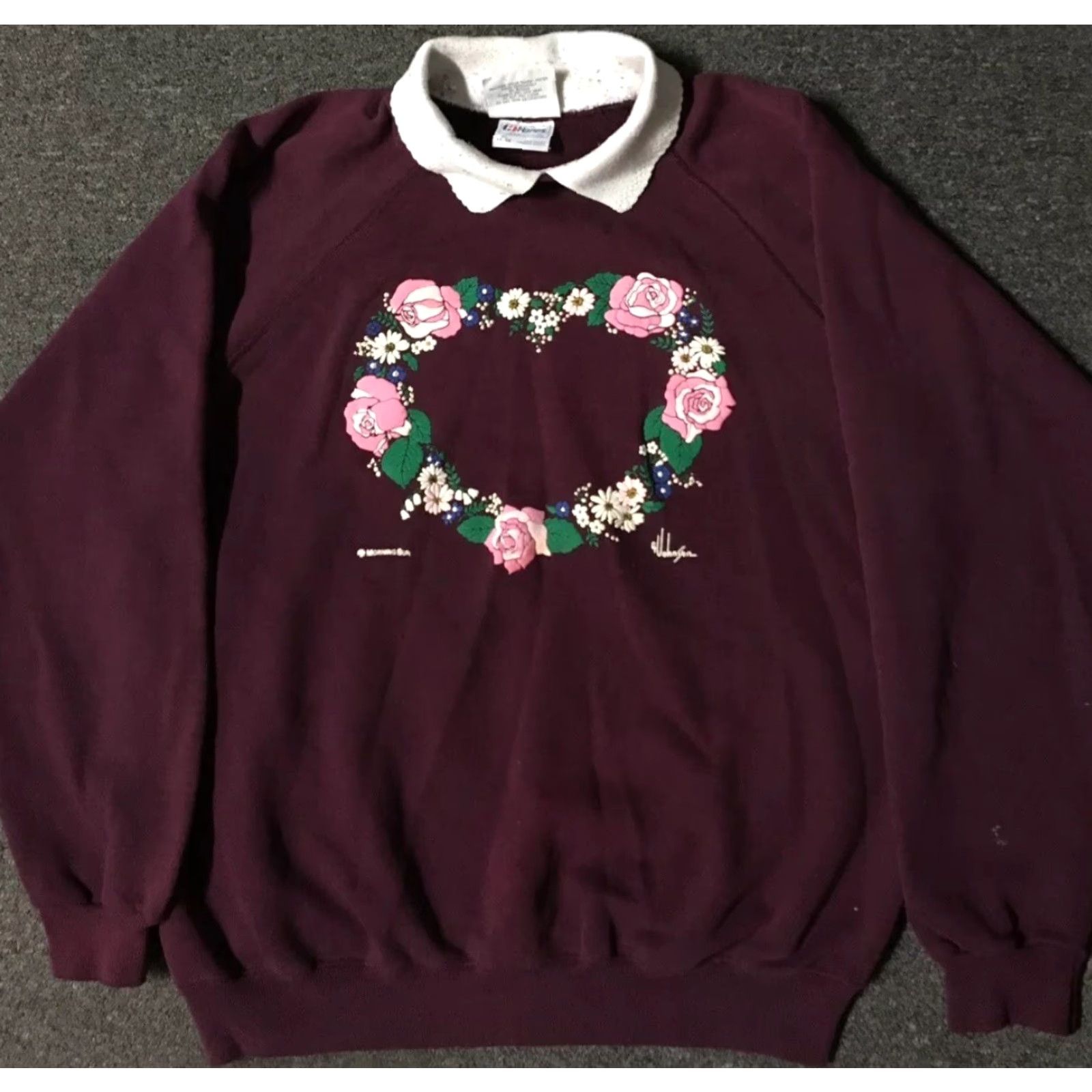 Vintage VINTAGE Morning Sun Sweatshirt Adult XL Burgundy Flower Heart Collared 80s 90s USA Grunge Love Size US XL / EU 56 / 4 - 2 Thumbnail
