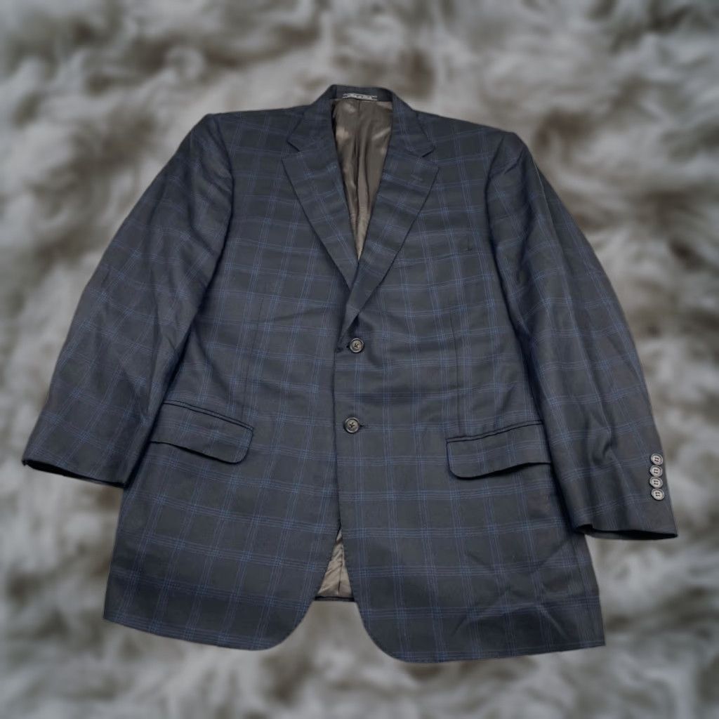 Corneliani Corneliani Blazer Men Wool/Cashmere Black/Blue Windowpane Plaid 44R Italy Two-Button Single-Breasted Notch Lapel Regular Jacket Coat/Blazer Mens Size 44R - 1 Thumbnail