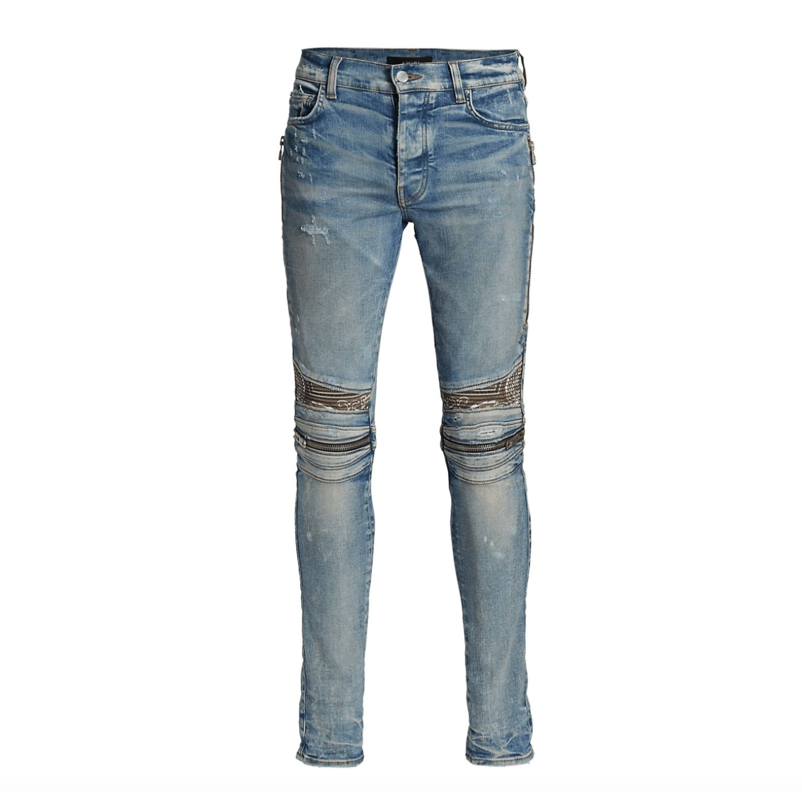 image of Amiri Mx2 Brown Bandana Patch Jeans Clay Indigo, Men's (Size 33)