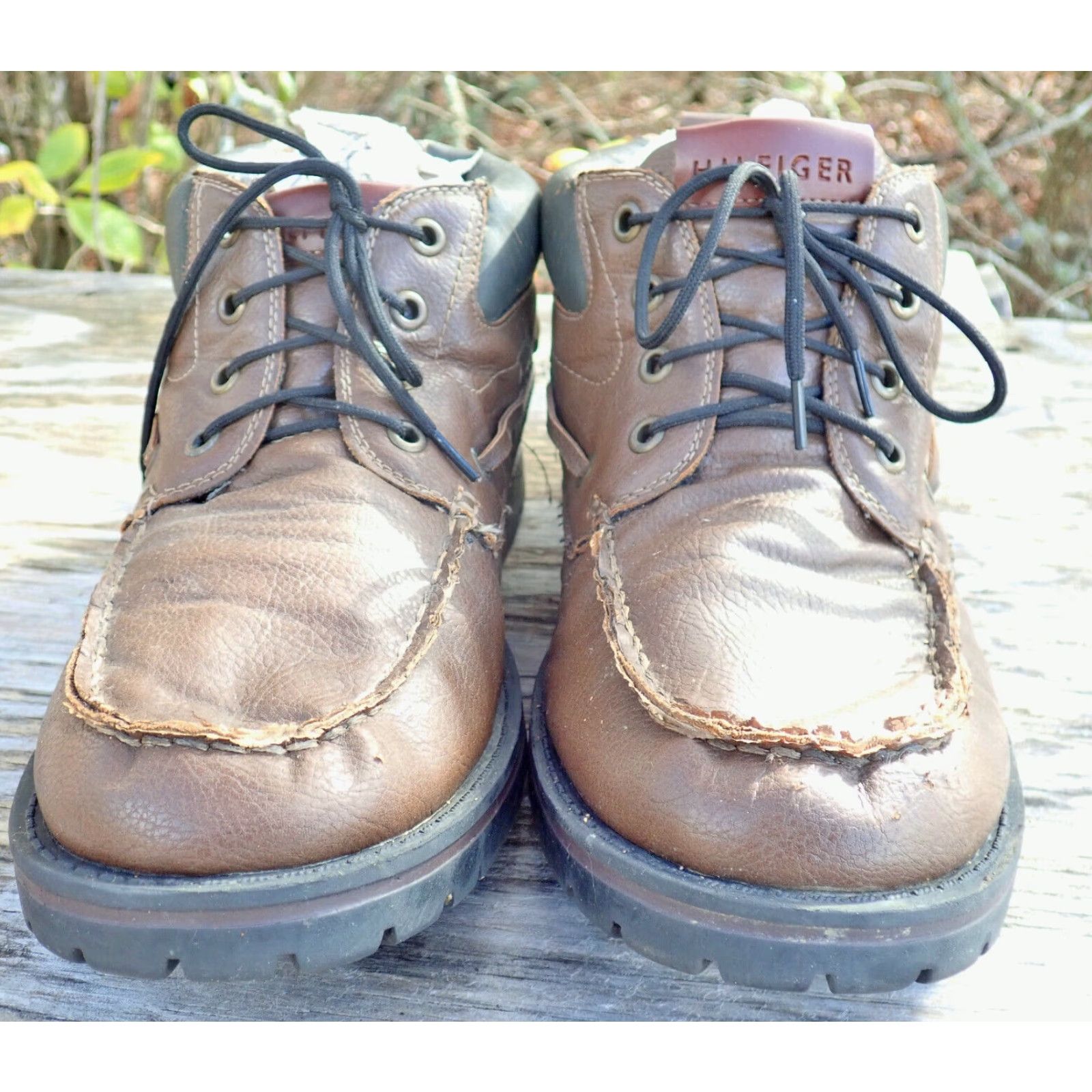 Tommy Hilfiger VINTAGE Tommy Hilfiger Mens Brown Leather Lace Up Jonesboro Cognac Boot 8.5 US Mens 41.5 EU Rubber Outsole 90s Western Style Boots Mens Size US 8.5 / EU 41-42 - 4 Thumbnail
