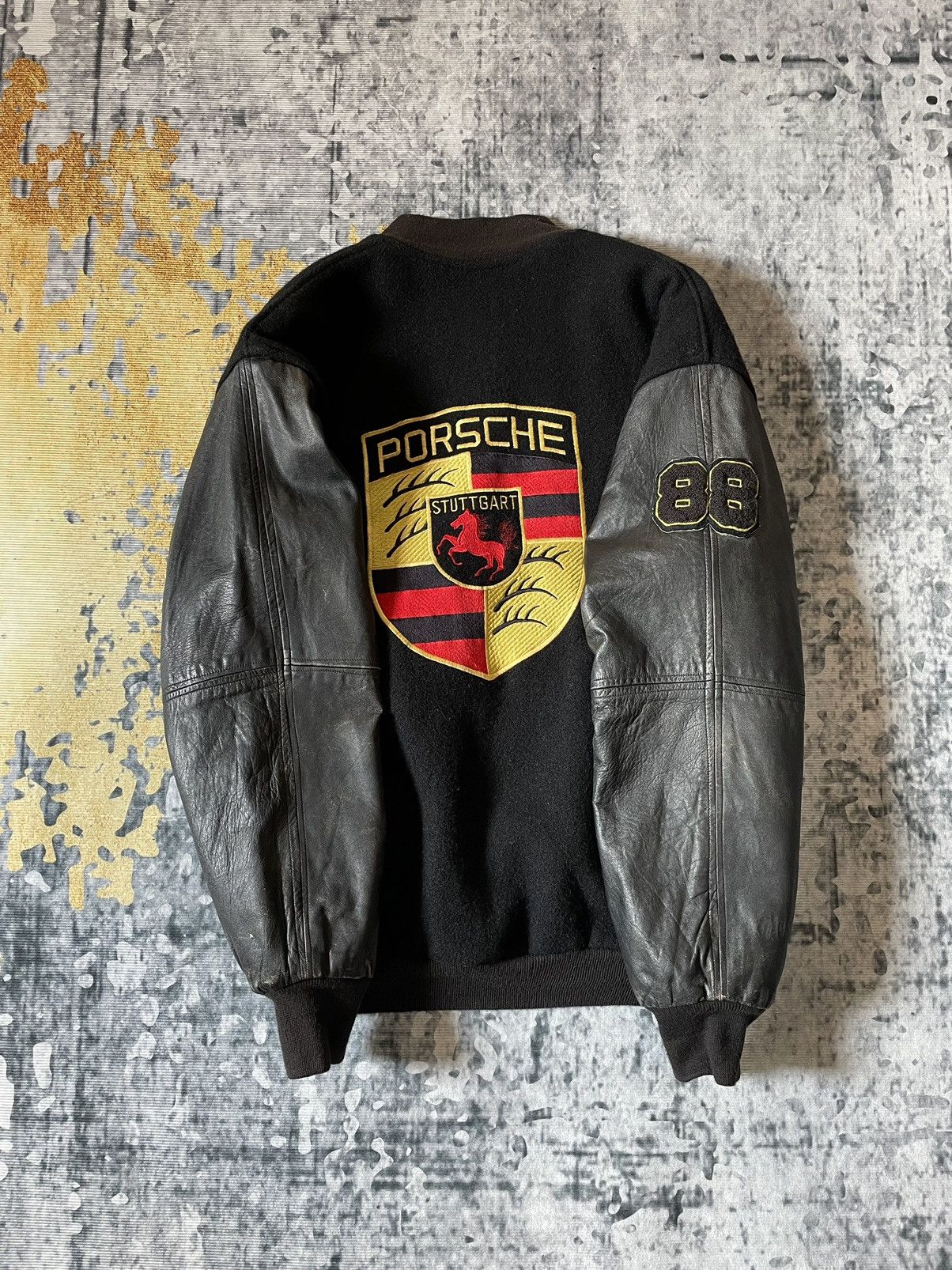 image of Porsche Design x Racing 1970S Stormin Norman X Porsche Varsity Leather Jacket in Black (Size Large)