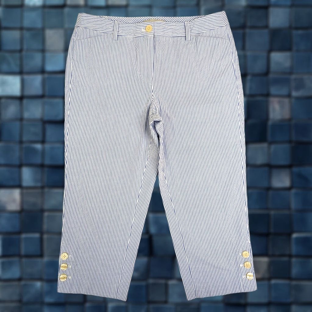 Talbots Talbots Capri Pants Women 10P Petite 32x20 Seersucker Striped Blue 90s Vintage Pant Casual Summer Knit Cotton Spandex Flat Front Buttons Cuffed Size 32" / US 10 / IT 46 - 1 Thumbnail
