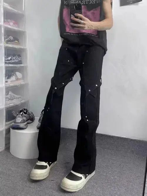Jean Black lace-up studded micro-flared casual overalls Size US 32 / EU 48 - 1 Thumbnail