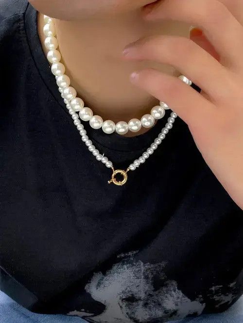 Jewelry x Vintage Retro Punk Necklace Pearl Choker 2Pc Set in White, Men's