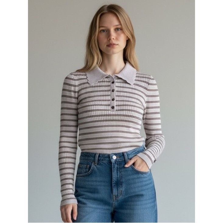 Other Striped Ribbed Polo Stretch Knit Top - Lavender with Brown S Size S / US 4 / IT 40 - 1 Thumbnail