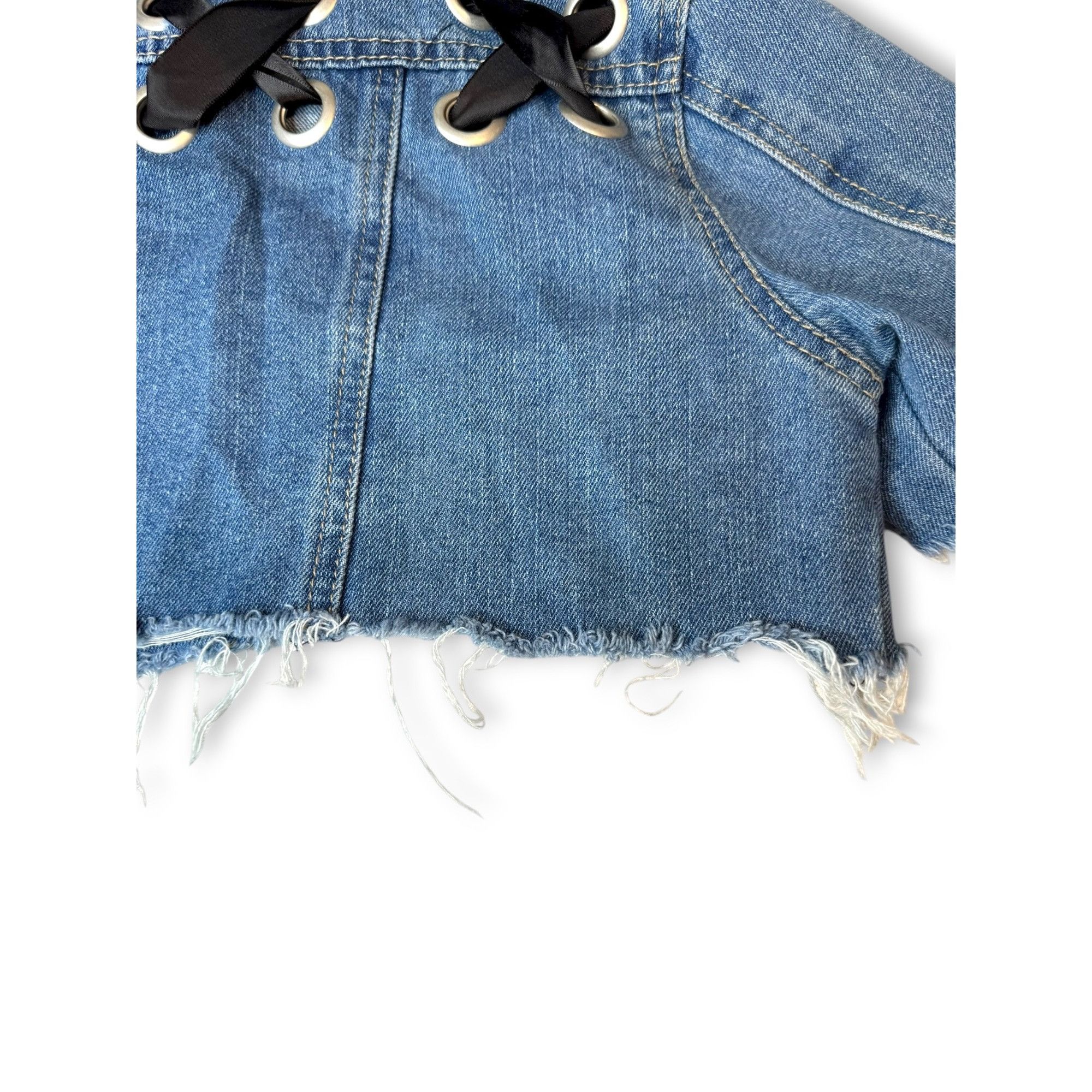 Almost Famous Crave Fame Denim Crop Jacket Distressed Hem Lace-Up Back Siz Size S / US 4 / IT 40 - 13 Thumbnail