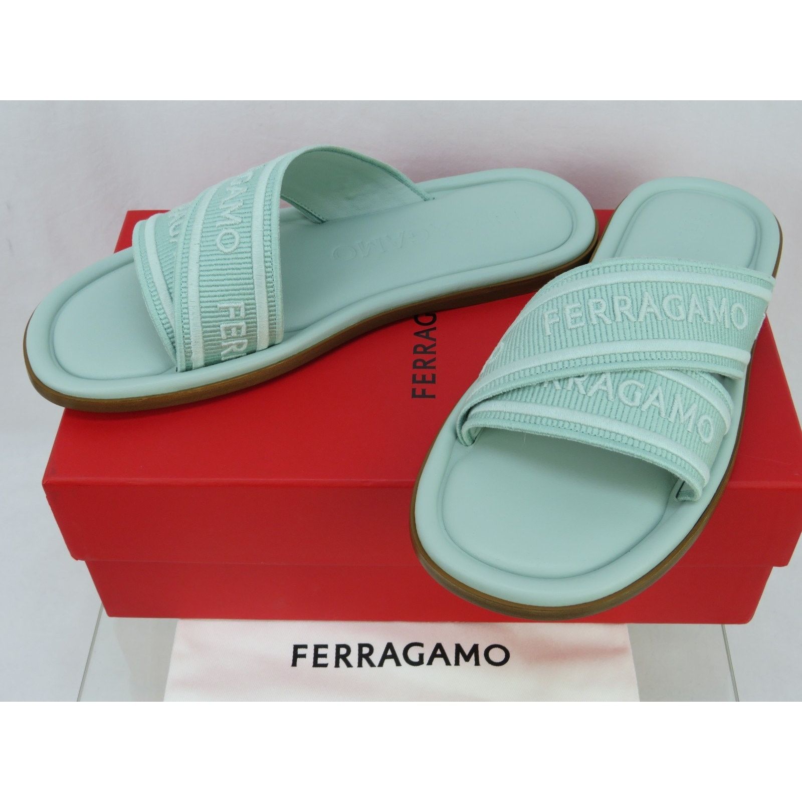 Salvatore Ferragamo FERRAGAMO LAURENE LIGHT GREEN LOGO FLATS SANDALS SLIDES 9 C Size US 9 / IT 39 - 9 Thumbnail