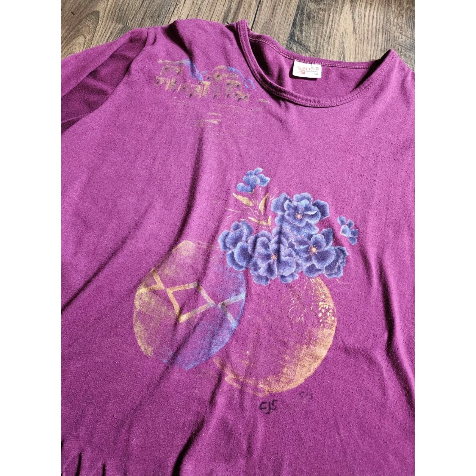 Vintage VINTAGE Sunbelt T-Shirt Ladies L 90s Hand Painted Fringe Long Sleeve Purple Crew Neck Cotton Blend Shirt Womens Size L / US 10 / IT 46 - 3 Thumbnail