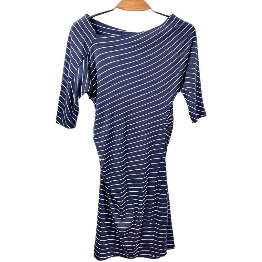 Club Monaco Club Monaco Navy Striped Asymmetric Ruched Midi Dress Size S Size S / US 4 / IT 40 - 2 Thumbnail