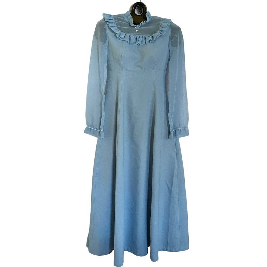 Vintage Vintage Dusty Blue Ruffle Collar Prairie Maxi Dress Size XS / US 0-2 / IT 36-38 - 2 Thumbnail