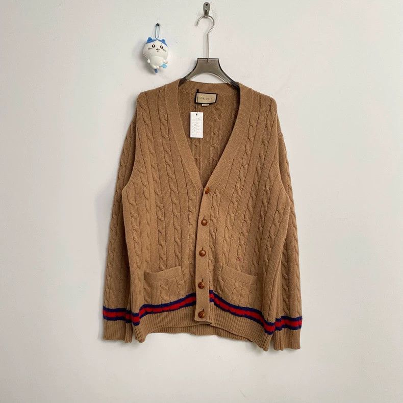 Gucci Gucci Khaki red and green stitching cashmere cardigan 2502- Size US XL / EU 56 / 4 - 1 Thumbnail
