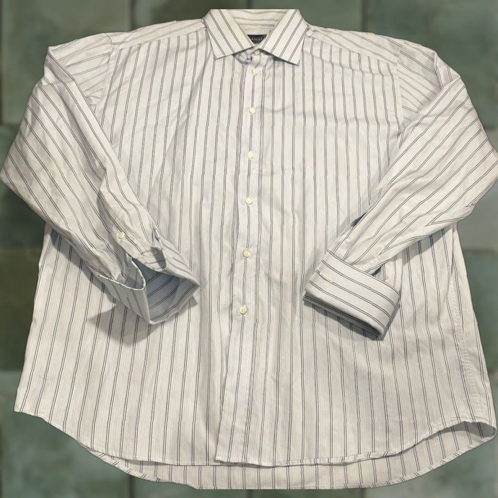 Canali Canali Shirt Mens Regular White Striped Button-Up Casual Preppy Italy 17.5 Long Sleeve Pocket Classic Button-Down Men Size US XL / EU 56 / 4 - 1 Thumbnail