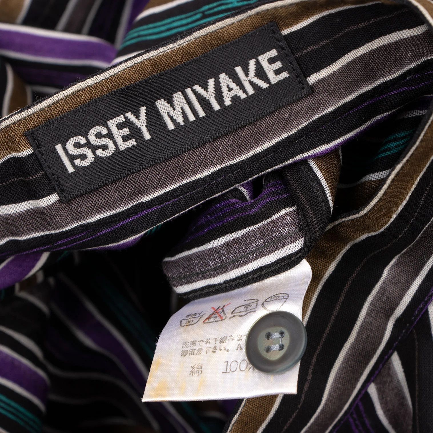 Issey Miyake Cotton Stripe Band Collar Shirt in Black Purple Green Size US M / EU 48-50 / 2 - 16 Thumbnail
