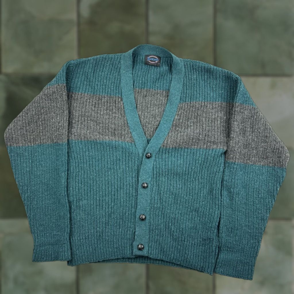 VINTAGE Jantzen Cardigan Sweater Adult Large Green Wool Blend USA 90s Mens