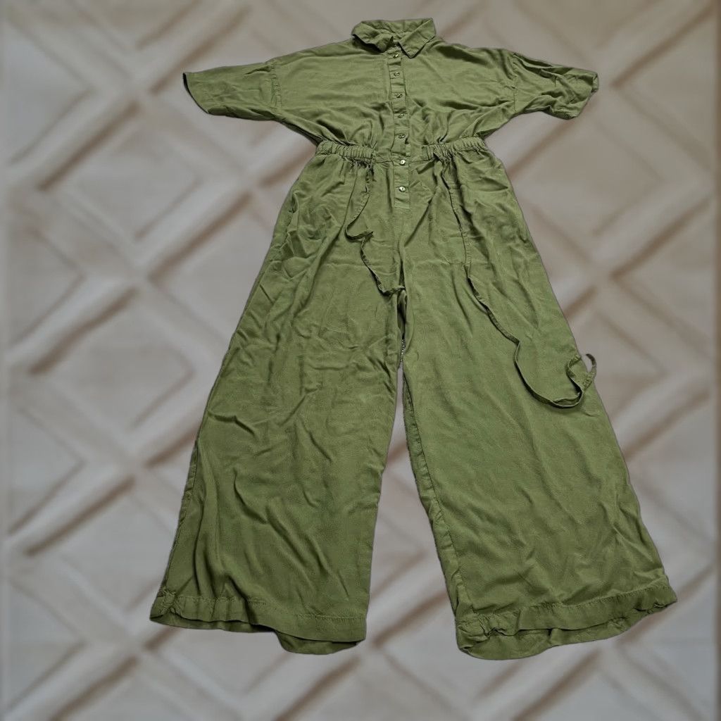 ASOS Jumpsuit Womens 2 Green Short Sleeve One Piece Collared Drawstring Wide Leg