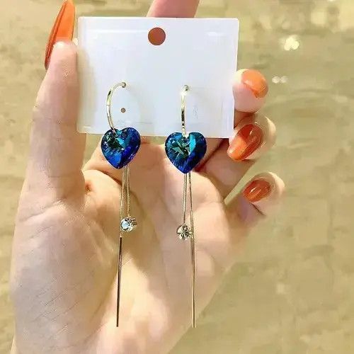 Japanese Brand Women's Blue Crystal Love Heart Tassel Dangle Drop Earrings Size ONE SIZE - 4 Thumbnail