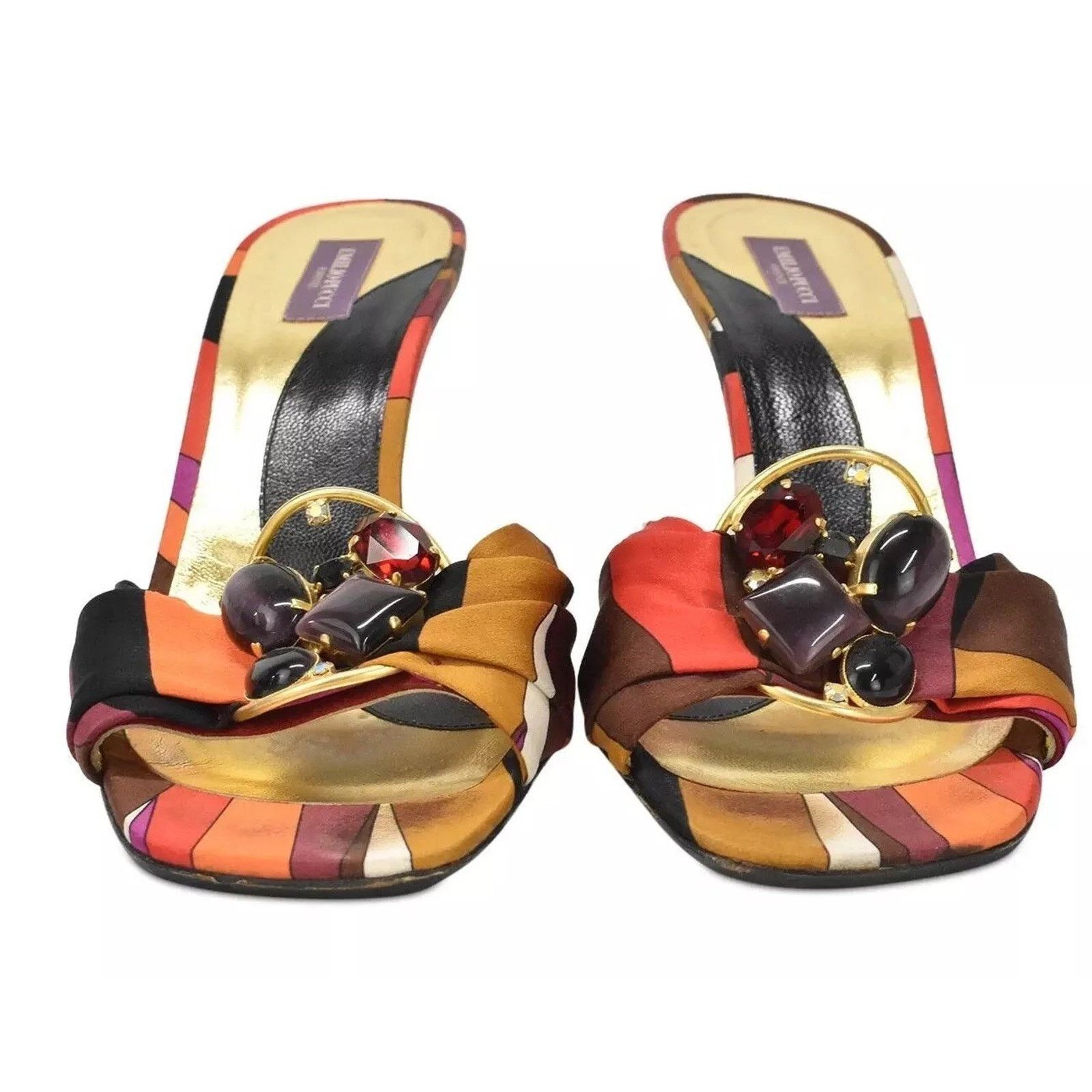 EMILIO PUCCI SATIN MULES SLIDES WITH RHINESTONE BROACH SZ 38