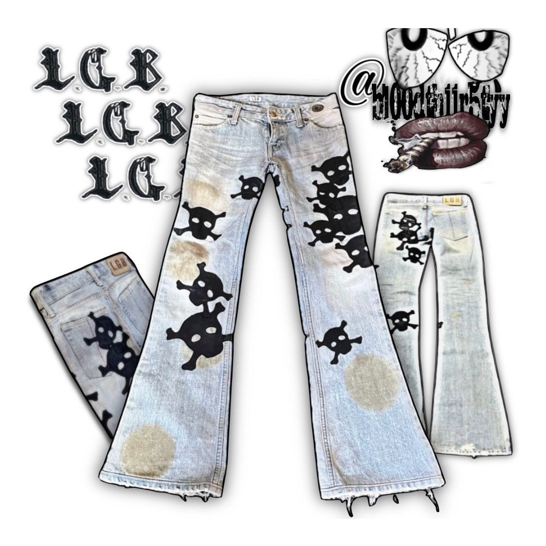 Number (N)ine L.G.B. crazy wolf skull patch flared denim jeans | Grailed