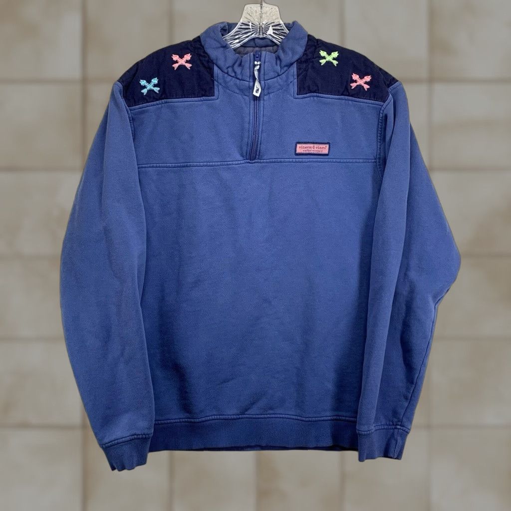 Vineyard Vines Vineyard Vines Women's 1/4 Zip Sweatshirt Jacket Medium Blue Embroidered Fish Bones Nautical Ocean Size M / US 6-8 / IT 42-44 - 1 Thumbnail