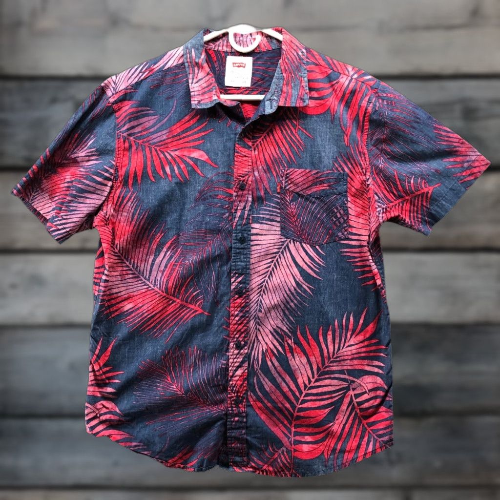 Levi's Levis Hawaiian Shirt Mens L Red Blue Palm Print Short Sleeve Button Up Cotton Size US L / EU 52-54 / 3 - 1 Thumbnail