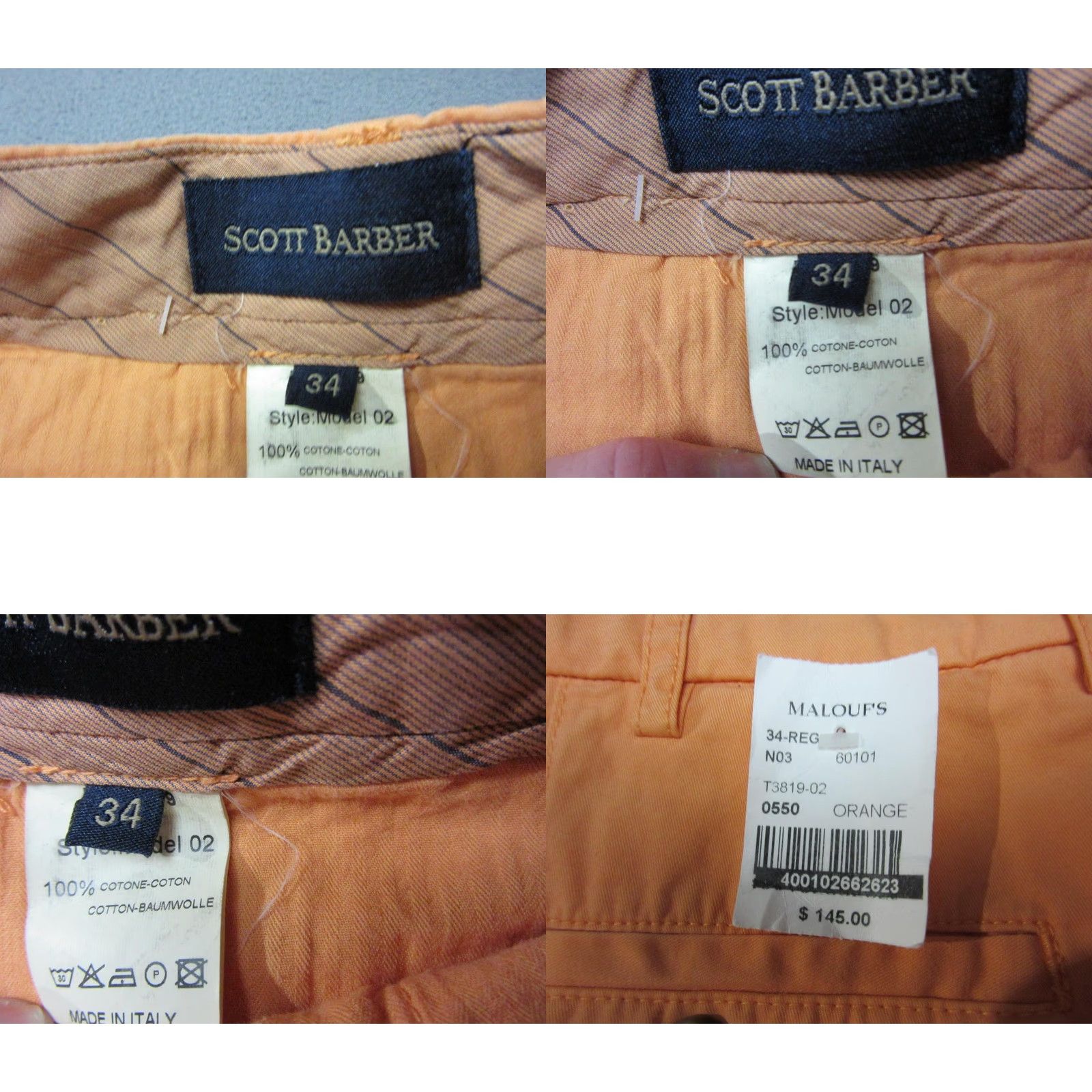 Vintage Scott Barber Pants Mens 34 Regular Orange Chino Flat Front Cotton 37 Inseam Straight Leg Pockets Zip Button Made in Italy Vintage No Size US 34 / EU 50 - 8 Thumbnail