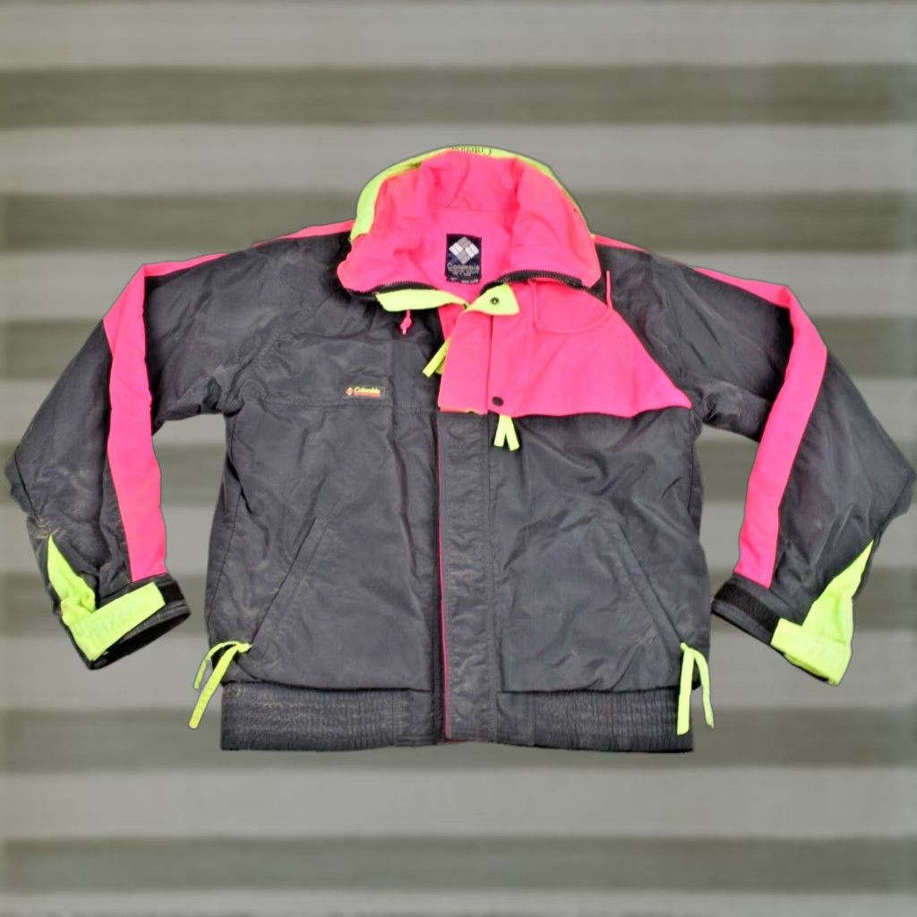 VINTAGE Columbia Jacket L 90s Neon Color Block 2 Zipper Multi Pocket Black Nylon Sportswear Mens