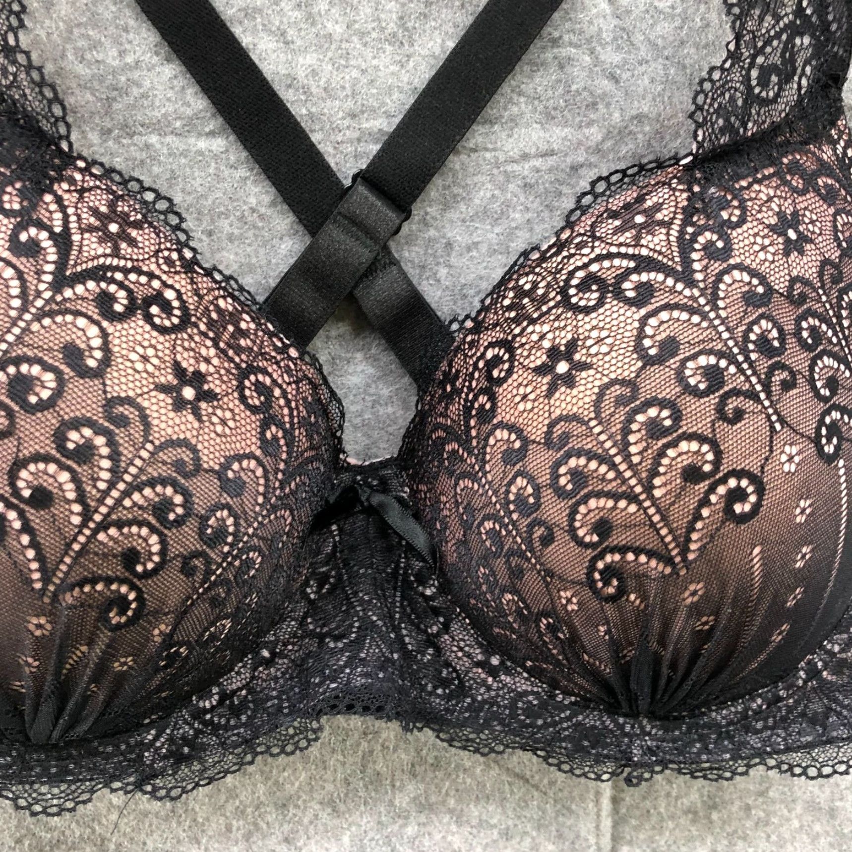 Vintage Prima Valentina Plunge Bra Lace Layer Black Blush Pink 40DD Racerback Lined Underwired T-Shirt Bra Womens Size ONE SIZE - 4 Thumbnail